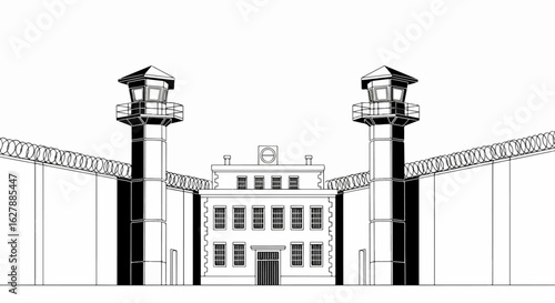 Prison architecture detailed line drawing showing watchtowers and high walls. Prison construction reflects confinement and security protocols, high walls, and reinforced architecture.