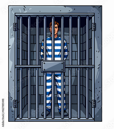 Inmate in prison cell wearing striped uniform, standing behind bars. The concept prison represents incarceration and loss of freedom. Prison cell interior is cold, grey, and confining. Symbolically,