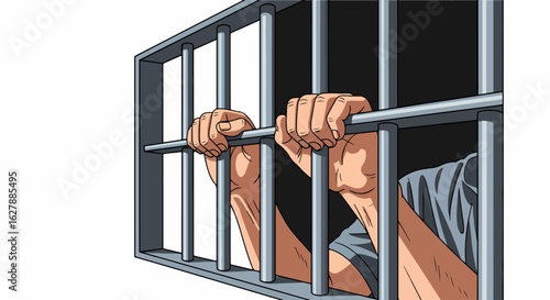 Prison bars with hands reaching out symbolizes confinement. Jail bars as a symbol of loss of freedom, despair, and incarceration. Prison bars as a symbol of justice,