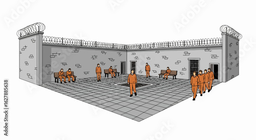 Inmates in prison yard are confined within concrete walls topped with barbed wire, showing restrictions and limited freedom. Prison yard setup includes men in orange uniforms,