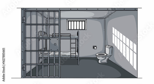 Inside prison cell featuring bunk beds and toilet, showing confined space. Prison cell interior conveys feelings of confinement and restriction.
