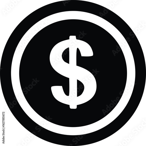 Simple black and white icon of a coin featuring a prominent white dollar sign centered within a circle