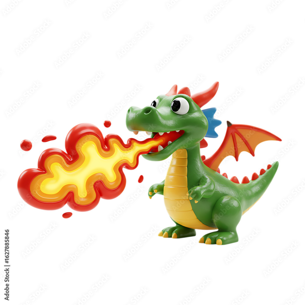 Fototapeta premium Cute cartoon green dragon breathing fire isolated on transparent background