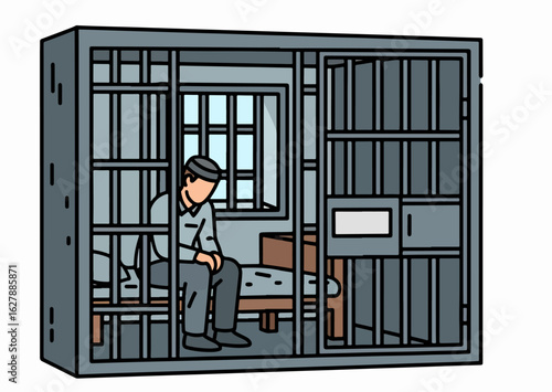 Prisoner in cell depicted in an illustration with bars and bed. In prison, an inmate sits alone, reflecting consequences of actions.