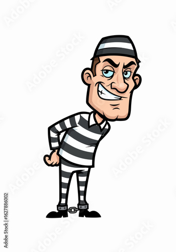 Cartoon prisoner mascot smiling slyly, wearing traditional black and white stripes, looking mischievous. The cartoon prisoner mascot embodies classic jailbird imagery with a modern, playful twist.