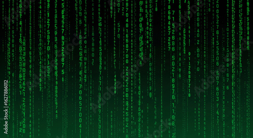 Green matrix digital code rain effect background, futuristic cyber data stream animation, abstract hacker coding binary numbers for sci-fi or tech concept
