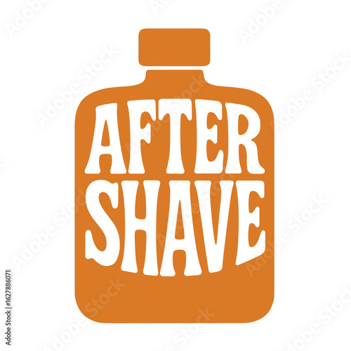 Orange aftershave bottle with bold text on white background  