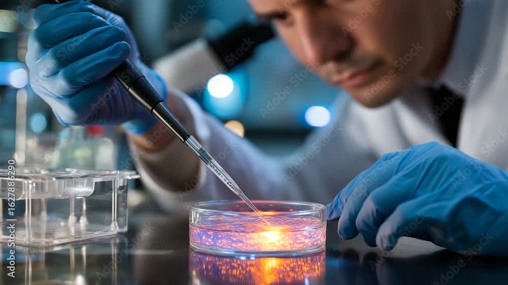 Lab Tech Face Less Scientist is in a lab, using a pipette liquid into a petri dish ...