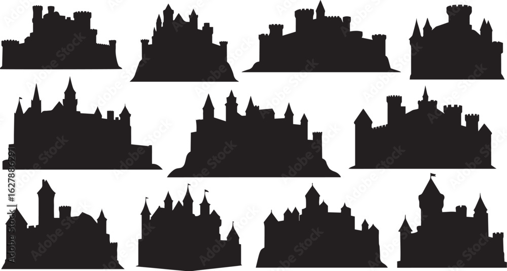Fototapeta premium Set of castle silhouettes in various architectural styles. Includes medieval, fairytale, gothic, and fantasy castles. Ideal for historical designs, fantasy themes, storytelling, and decorative artwork