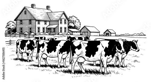 Farm scene featuring black and white dairy cows grazing in a field. Farm scene is an illustration of rural life with farmhouse and barn in background.