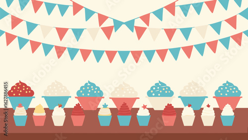 Illustration of cupcakes and bunting flags arranged on a table for a celebration event theme