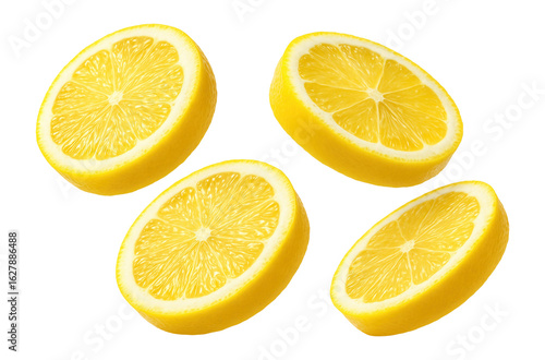 Four slices of fresh lemon with visible juicy pulp and vibrant yellow rind on transparent background.