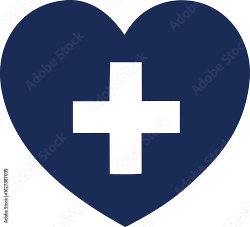 A deep blue heart shape with a prominent white plus sign in the center symbolizing health and care