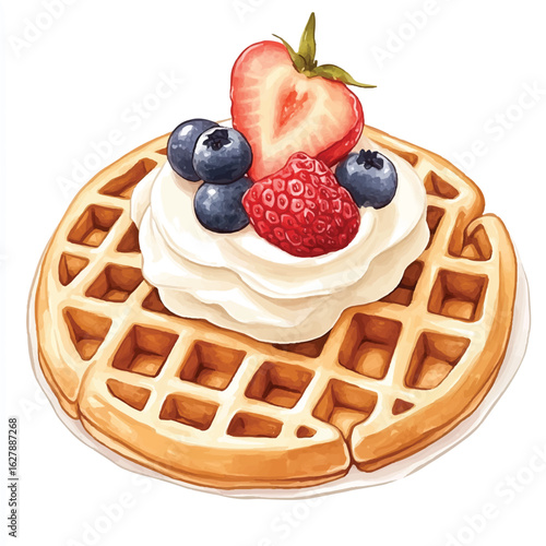 a cute Belgian waffles with fruit slice and cream