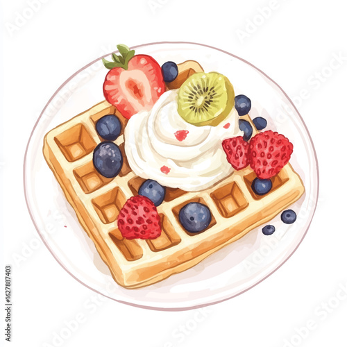 a cute Belgian waffles with fruit slice and cream