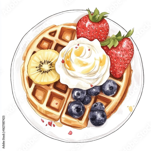 a cute Belgian waffles with fruit slice and cream