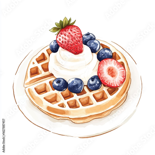 a cute Belgian waffles with fruit slice and cream