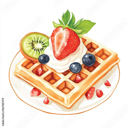 a cute Belgian waffles with fruit slice and cream