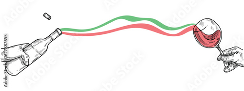 Two hands pour wine: one holds the bottle, the other the glass. The flow is illustrated with lines in the colors of the Italian flag. vector illustration