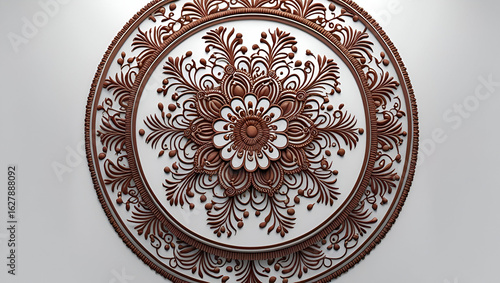 A circular mandala Mehndi design intricately showcased on a clean white background in symmetrical beauty
