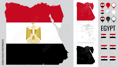 Vector map of Egypt with flag, globe and icons on white background