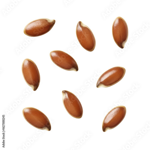 Wallpaper Mural Ultra-realistic, photorealistic macro close-up of several distinct, glossy brown flax seeds with intricate texture on a transparent background with soft, shadowless studio lighting, direct top-down Torontodigital.ca
