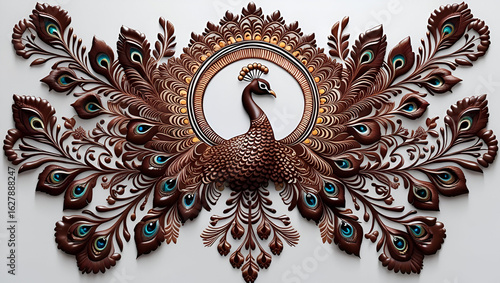A symmetrical peacock-themed Mehndi design showcased on a clean white background in artistic beauty
