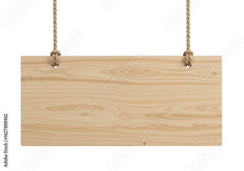 Empty wooden sign hanging by rope, isolated on transparent background with copy space for text
