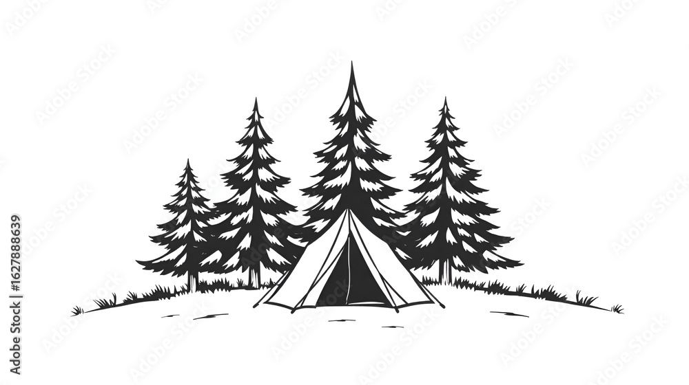 Obraz premium Camping Tent and Pine Trees: A classic camping scene is depicted in a monochromatic illustration featuring a tent nestled between two stately pine trees.