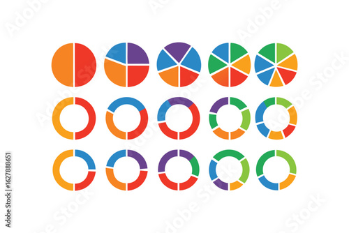 Diverse Pie Charts and Donut Charts Representing Data Visualization Options, Useful for Infographics and Business Presentations, Bright Color Palettes