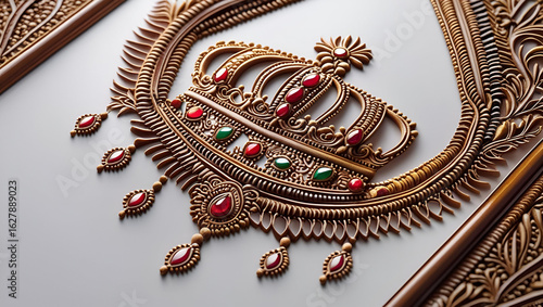 A crown and jewel motif Mehndi design beautifully drawn on hands against a clean white background