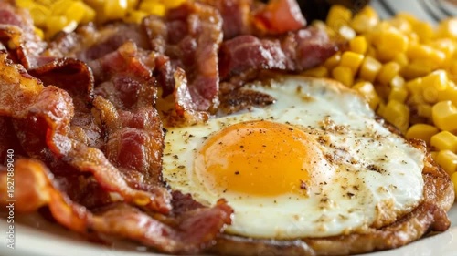 Savory scrambled eggs with crispy bacon and corn