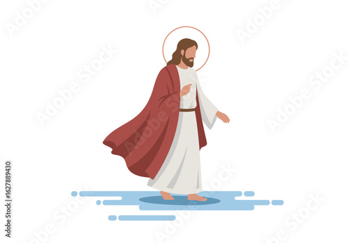 Jesus Christ Walking on Water Red Robe Simple Illustration.