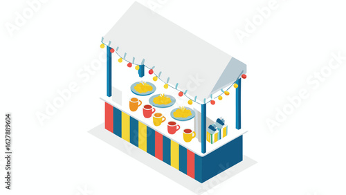 Isometric view of a food stall with plates of food mugs and gifts under a decorated awning design