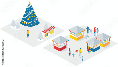 Isometric christmas market scene with decorated tree stalls and people enjoying the festive atmosphere