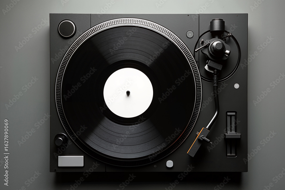 Fototapeta premium Vintage turntable record player with vinyl disc and tonearm on grey background for music entertainment concepts