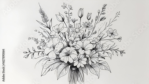 Wallpaper Mural A line-drawn floral sketch artistically illustrated on a clean white background in minimal elegance Torontodigital.ca