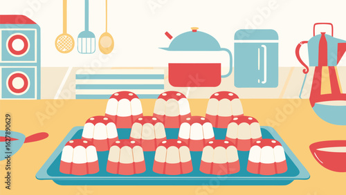 Illustration of a kitchen scene with puddings on a tray and various kitchen utensils present on counter