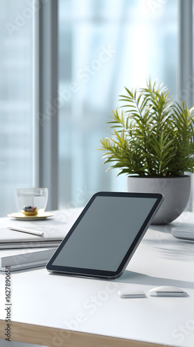 Digital Tablet Mockup with a Blank Screen on a Sleek Modern Office Desk