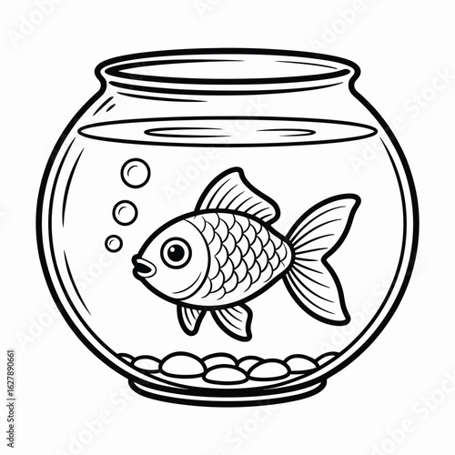 Simple black and white illustration of a goldfish in a round fishbowl