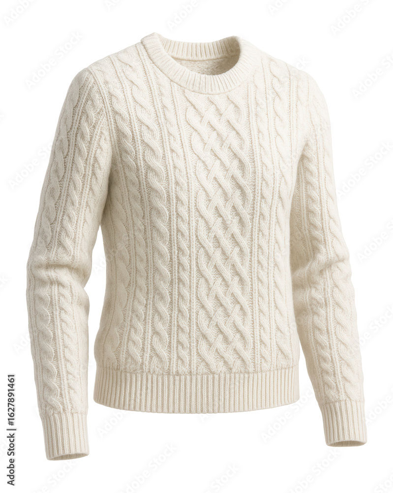Fototapeta premium Cream-colored cable knit sweater featuring intricate patterns and ribbed cuffs on transparent background.