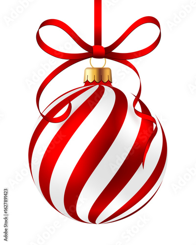 Christmas ball with bow ribbon, red ornament, decoration