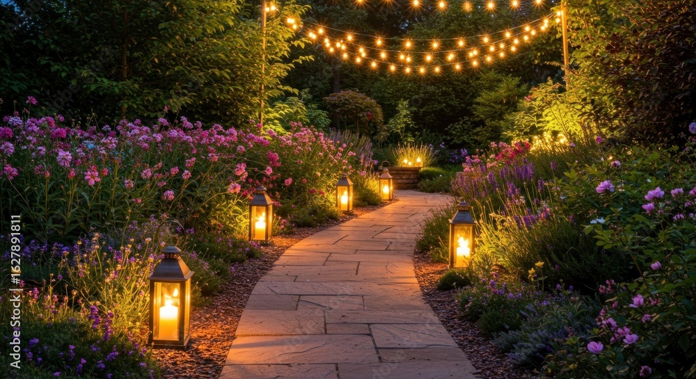 Obraz premium Evening garden path lit by lanterns