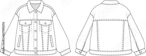 Editable technical flat of an oversized denim jacket with front flap pockets, dropped shoulders, and cuffed sleeves. Front and back views for fashion design and tech pack use.