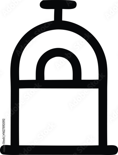 Simple black and white line art illustration of a traditional wood fired pizza oven with a dome and arched opening