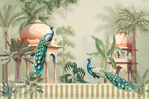 Mughal  garden, arch, peacock, illustration pattern, botanical landscape wallpaper.