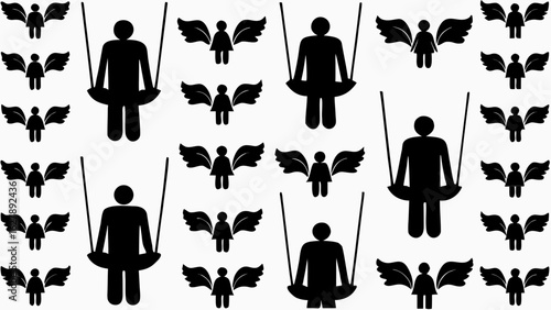 Illustration of figures on swings and winged figures arranged in a repeating pattern on a white background silhouette