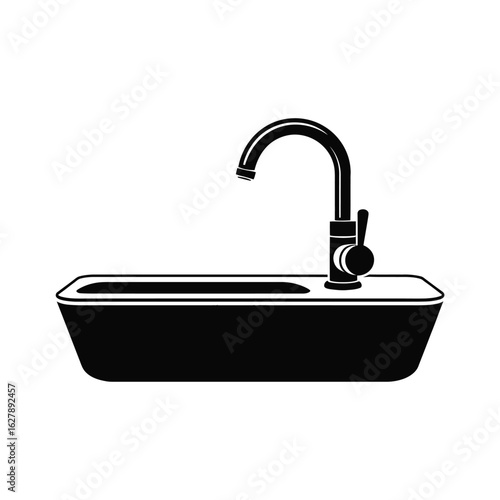 Modern black and white illustration of a kitchen sink with a faucet
