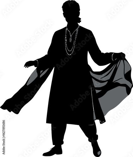 Silhouette of a woman in indian traditional attire, isolated on white background