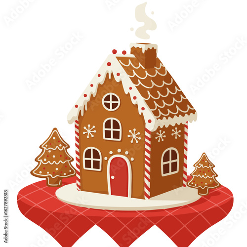  Tall gingerbread house with trees on tablecloth